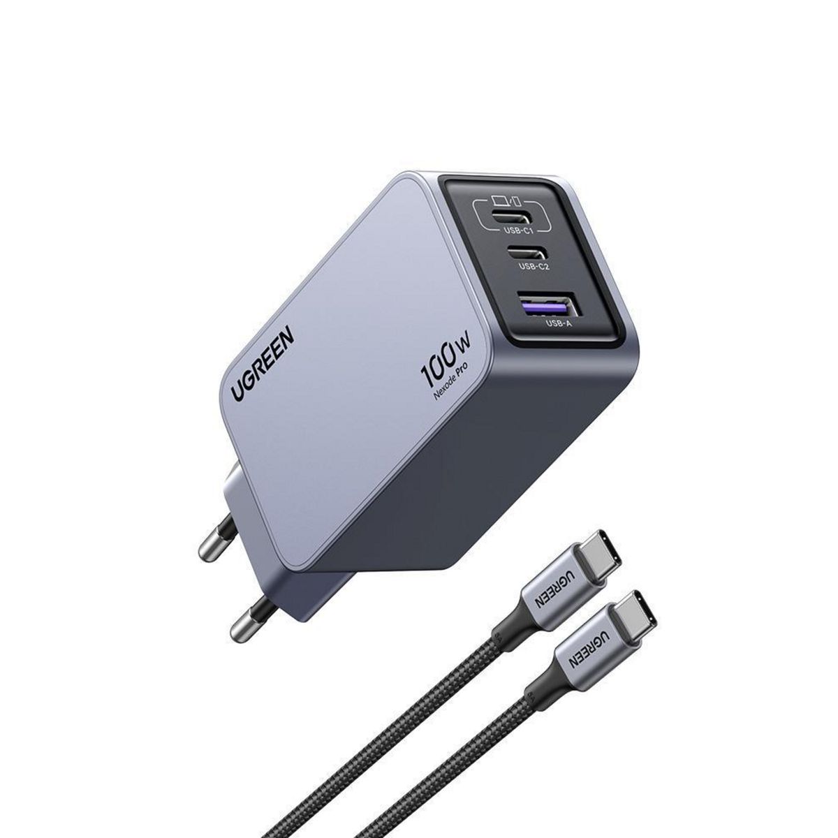 UGREEN - Cargador Slim GaN Tech High Power 100W 2USB-C + 1USB-A + Cable USB-C a USB-C de 1.5m (100W Máx) X757