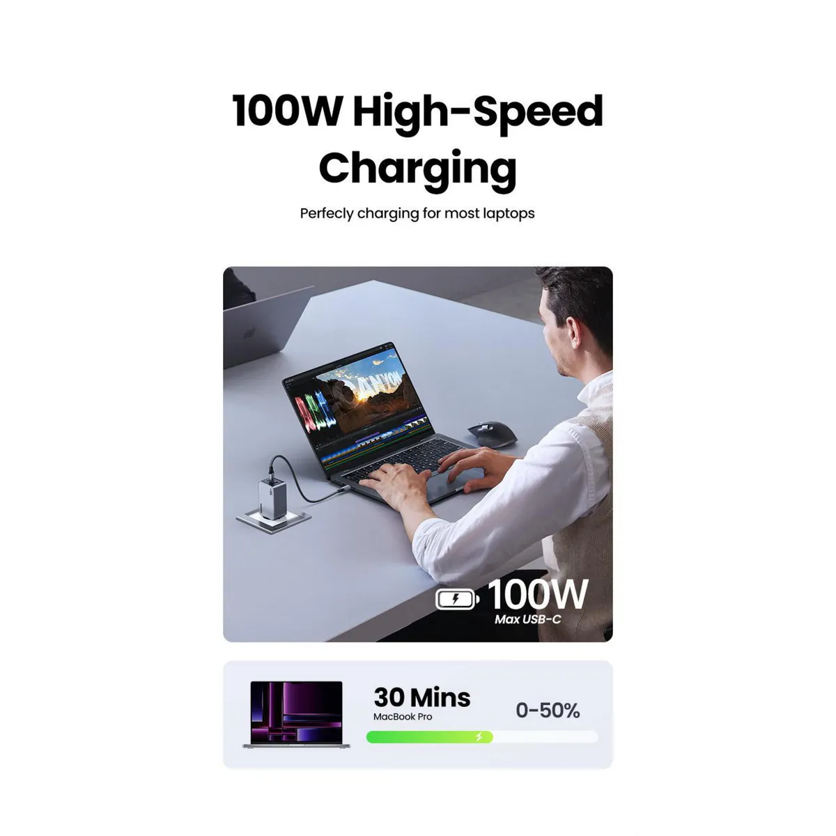 UGREEN - Cargador Slim GaN Tech High Power 100W 2USB-C + 1USB-A + Cable USB-C a USB-C de 1.5m (100W Máx) X757