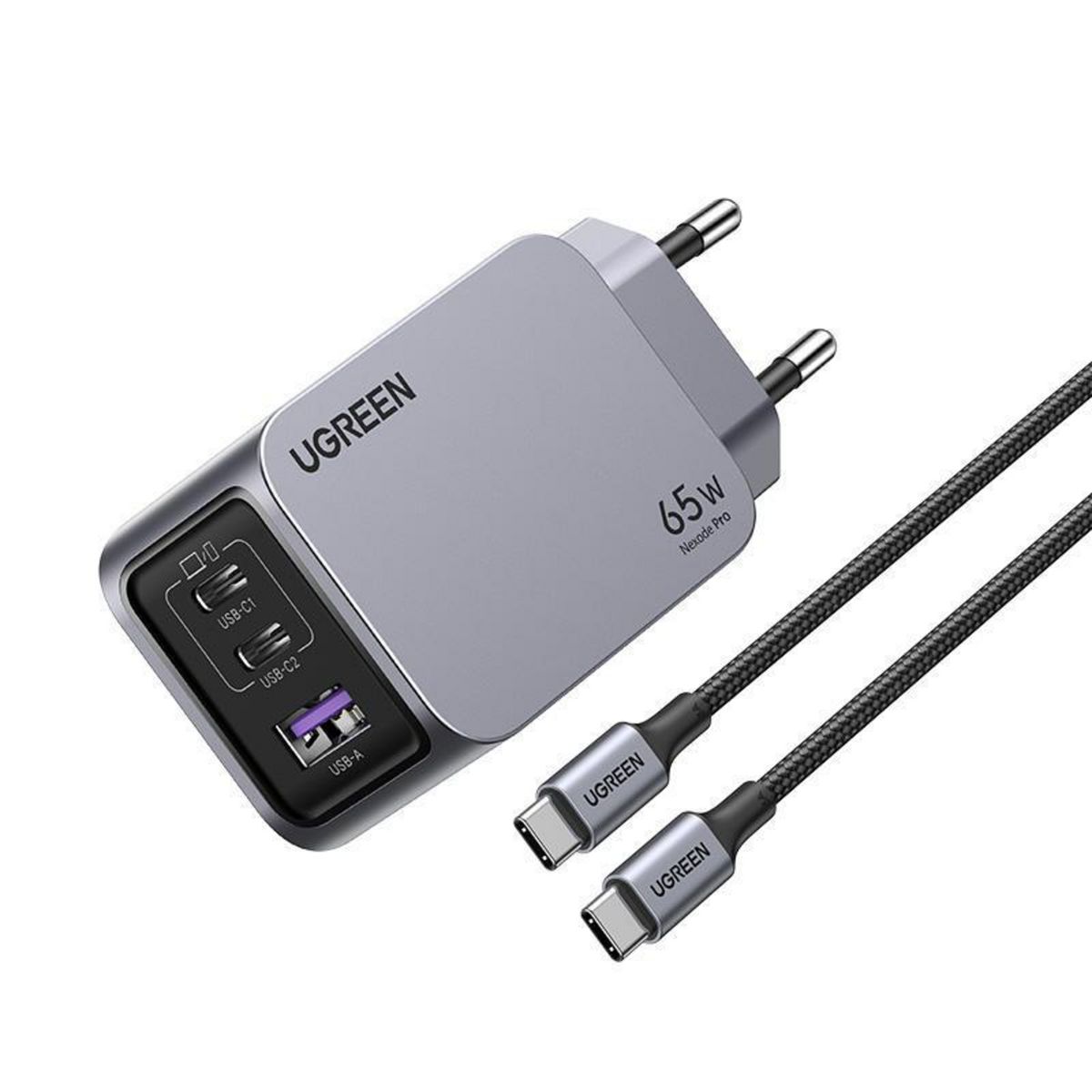 UGREEN - Cargador Slim GaN Tech High Power 65W 2USB-C + 1USB-A + Cable USB-C a USB-C de 1.5m (100W Máx) X755