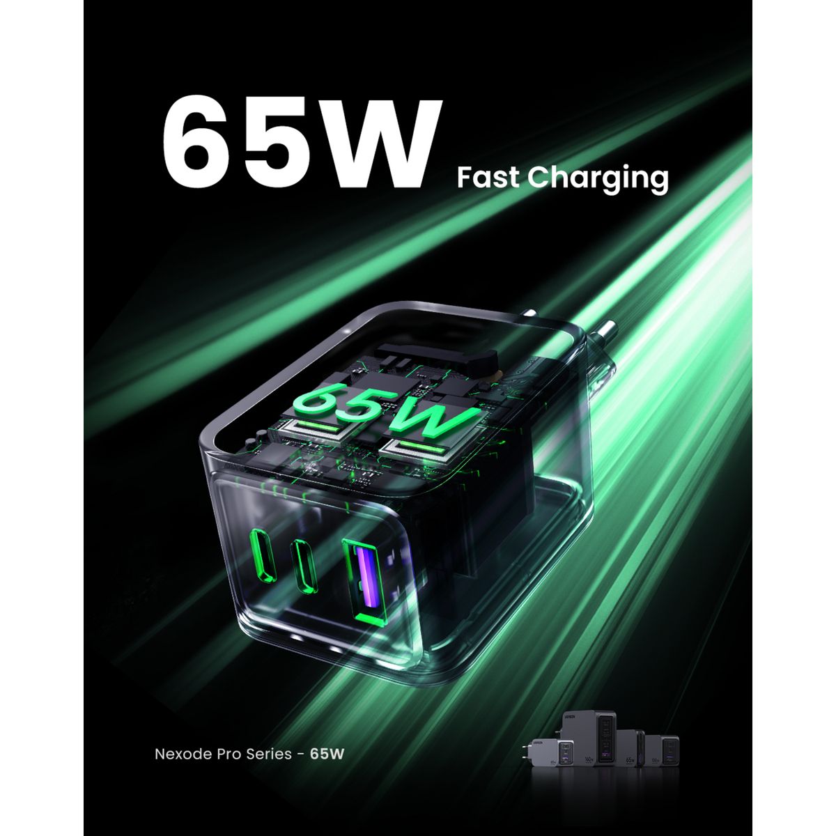 UGREEN - Cargador Slim GaN Tech High Power 65W 2USB-C + 1USB-A + Cable USB-C a USB-C de 1.5m (100W Máx) X755