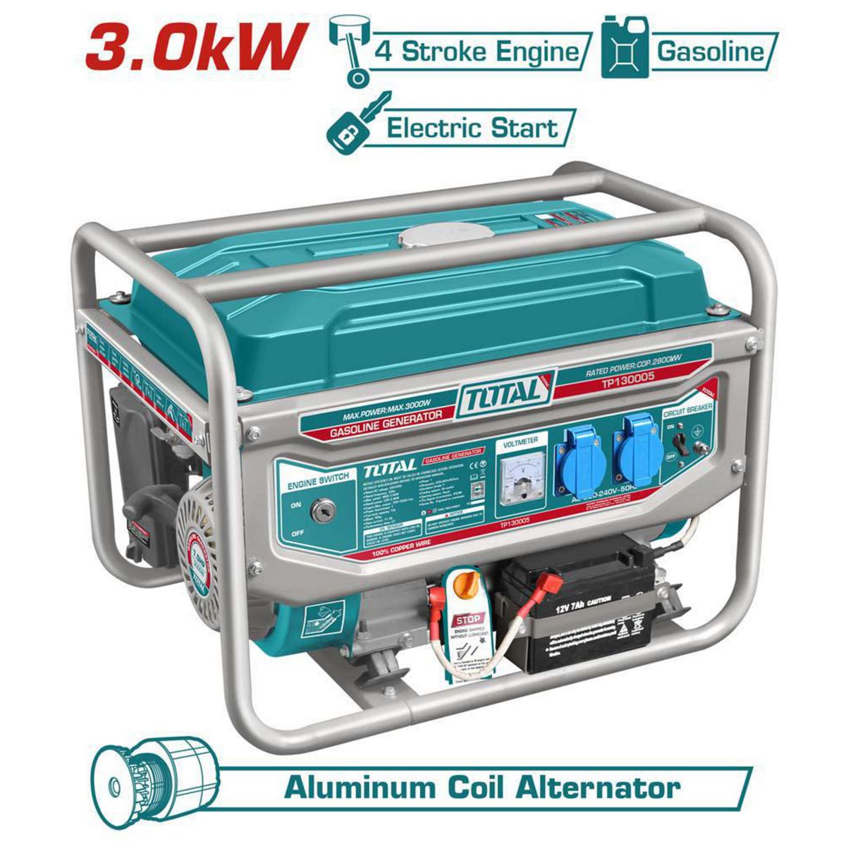 TOTAL TOOLS - Generador a Gasolina Partida Eléctrica 3 kW 15 l