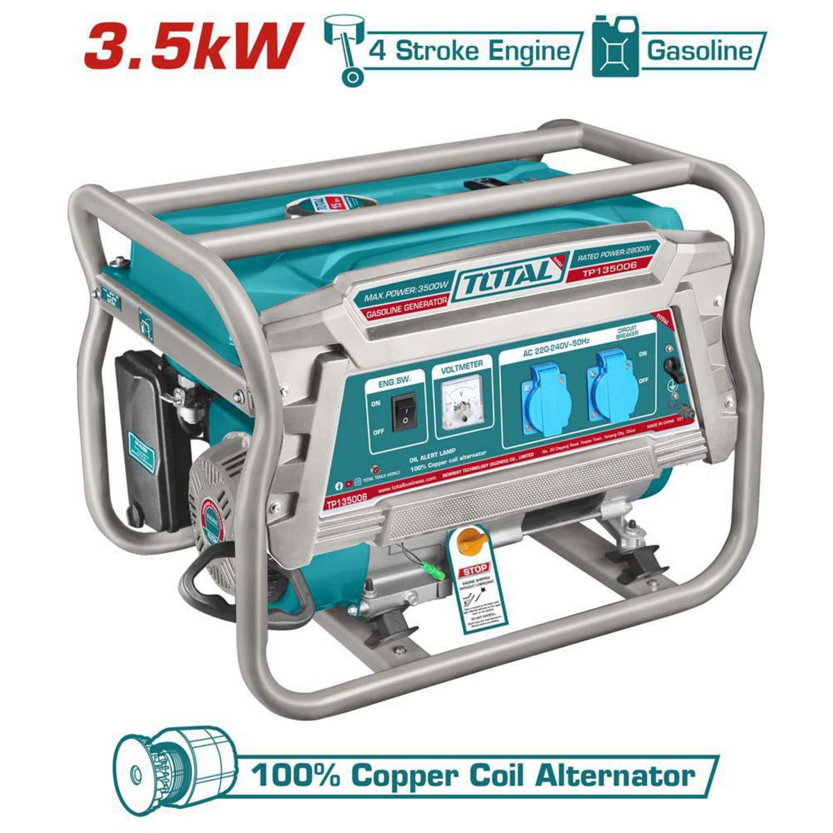 TOTAL TOOLS - Generador a Gasolina Partida Manual 240 V 15 l