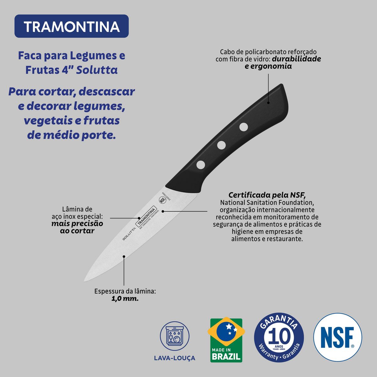 TRAMONTINA - Cuchillo para Legumbres Tramontina Solutta Inoxidable 4 Pulgadas