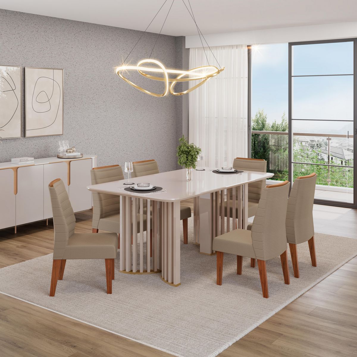 ALTAVISION - Juego de Comedor Luma 6 Sillas Mesa Rectangular 180x100x80 cm Off white