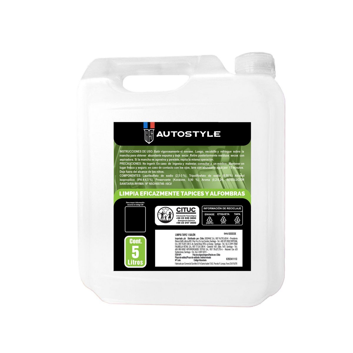 AUTOSTYLE - Limpia Tapiz Automotriz Autostyle 5 Litros Aroma Lavanda