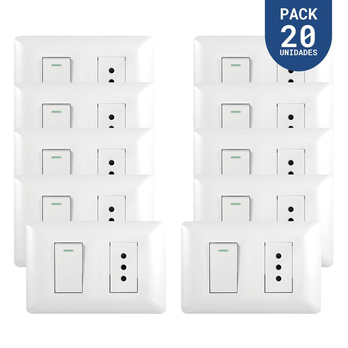 WANT - Tomacorriente Simple 10A 250V + Interruptor Simple 9/12 10A 250V Blanco 20 un