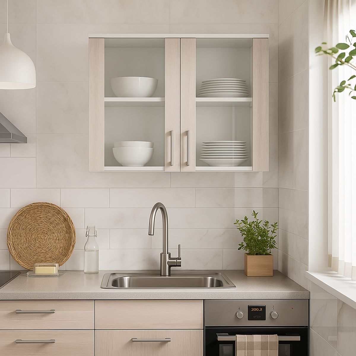 MOBIKIT - Mueble de cocina mural vidriado 2puerta 80 cm acacia