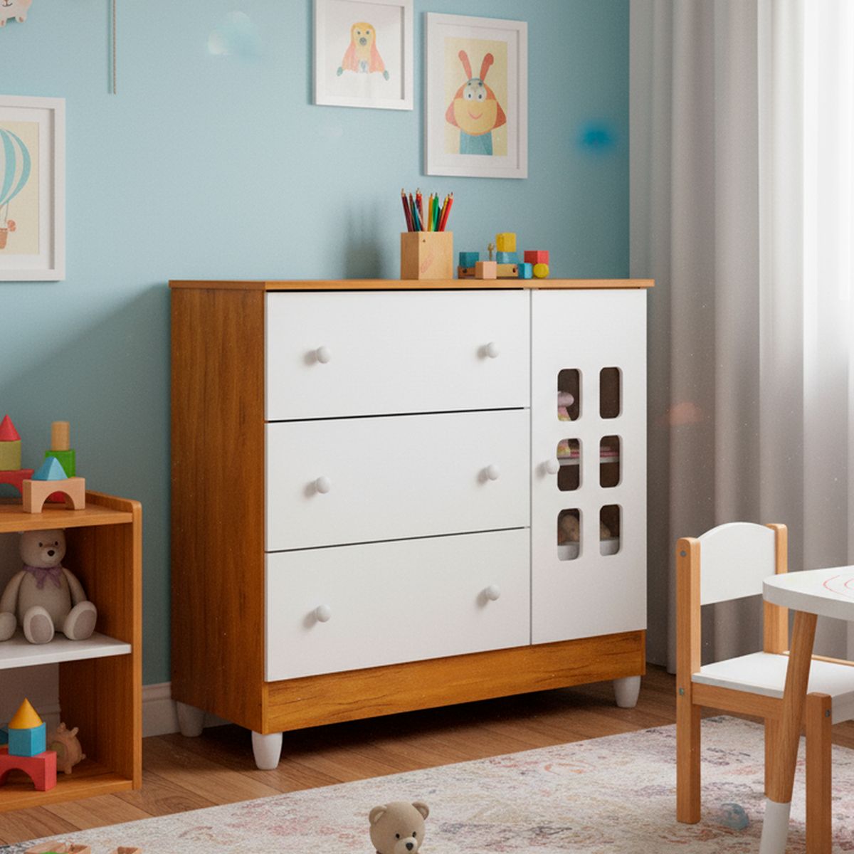 KIDSCOOL - Cómoda 3 Cajón(es) 522.42 95x92x40 cm Blanco miel