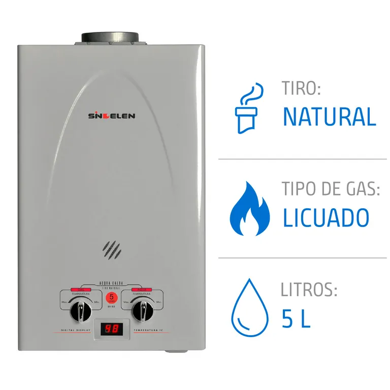 Calefont 5 Litros Gas Licuado Tiro Natural Ionizado