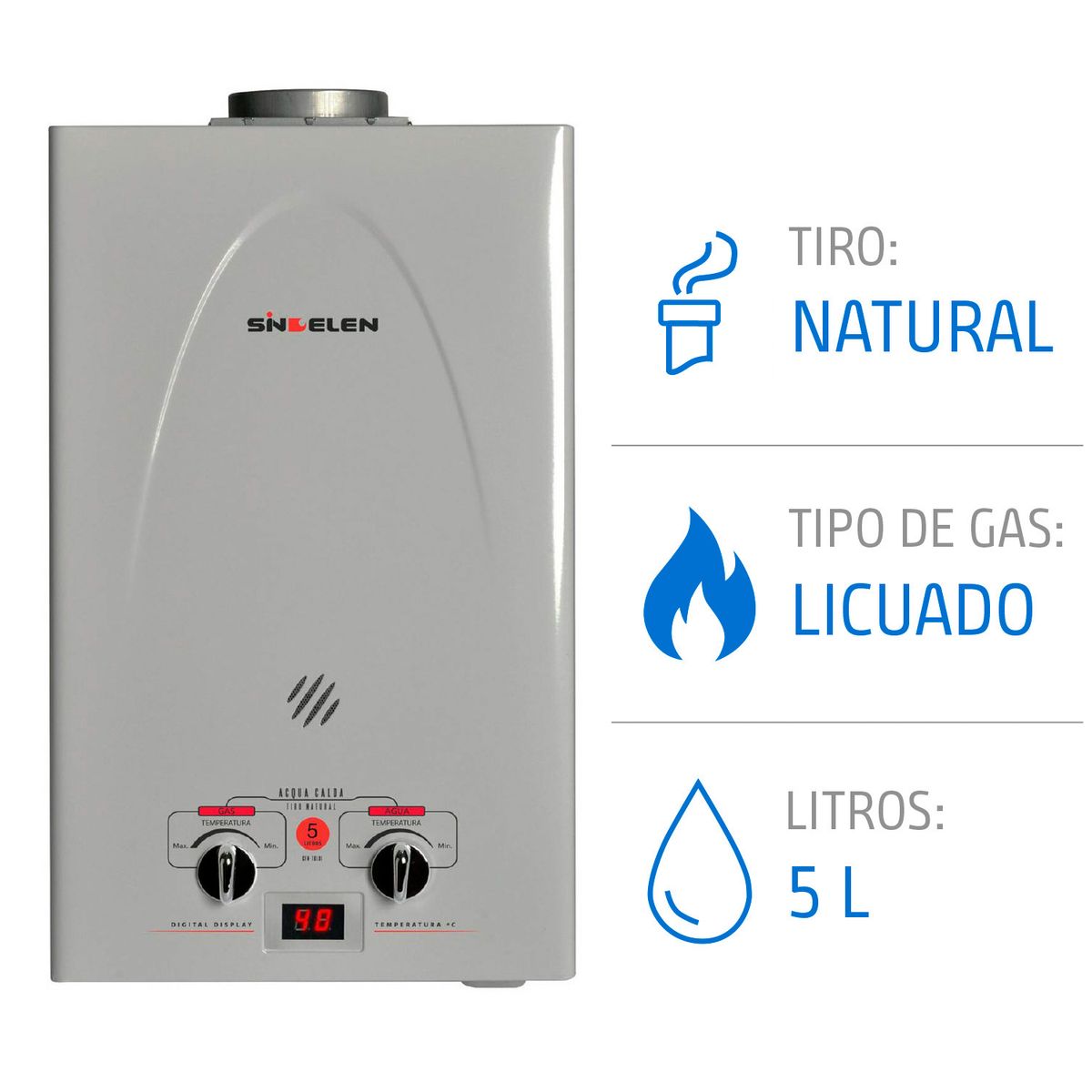 SINDELEN - Calefont Gas Licuado 5 Litros Tiro Natural Ionizado