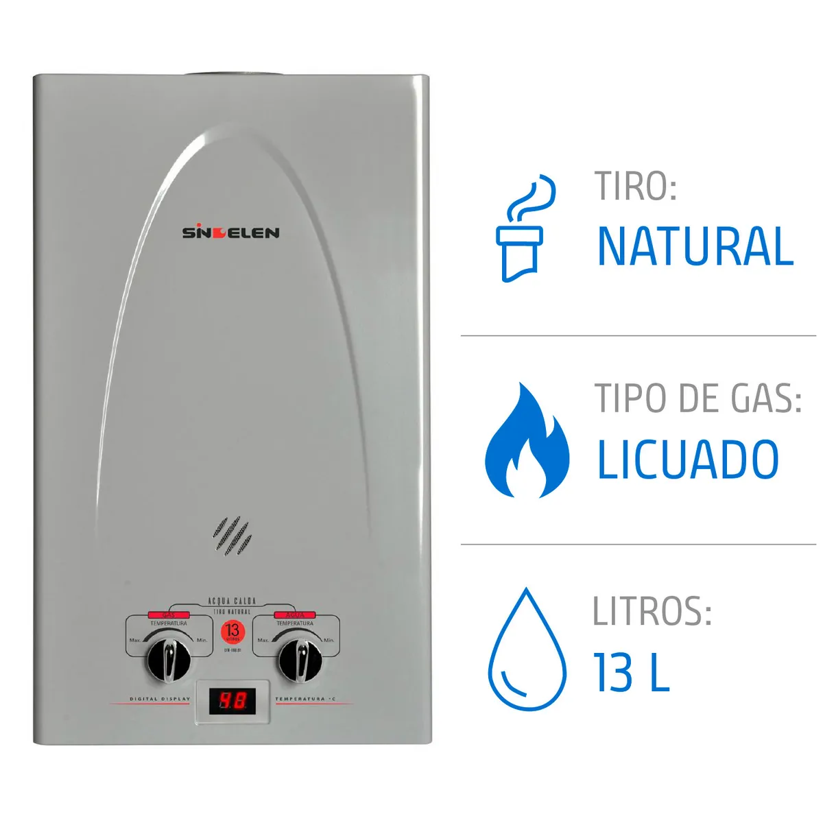 SINDELEN - Calefont Gas Licuado 13 Litros Tiro Natural Ionizado