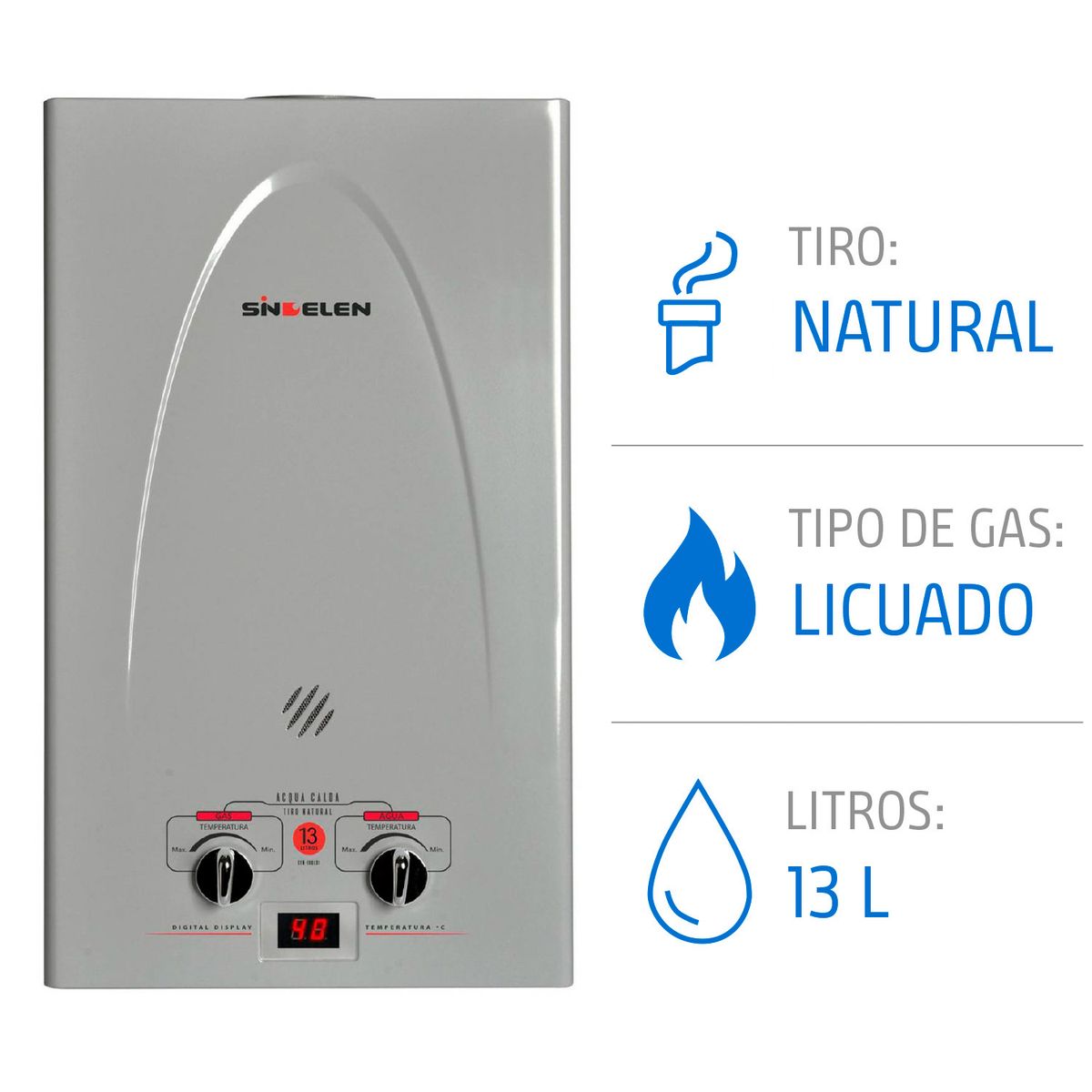 SINDELEN - Calefont Gas Licuado 13 Litros Tiro Natural Ionizado