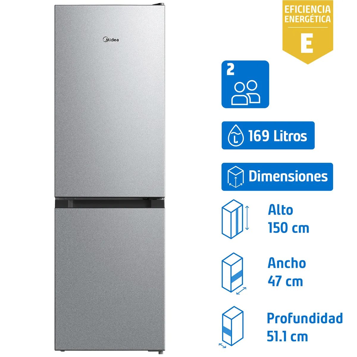MIDEA - Refrigerador Bottom Freezer Frío Directo 169 Litros Silver MDRB241FGE50M