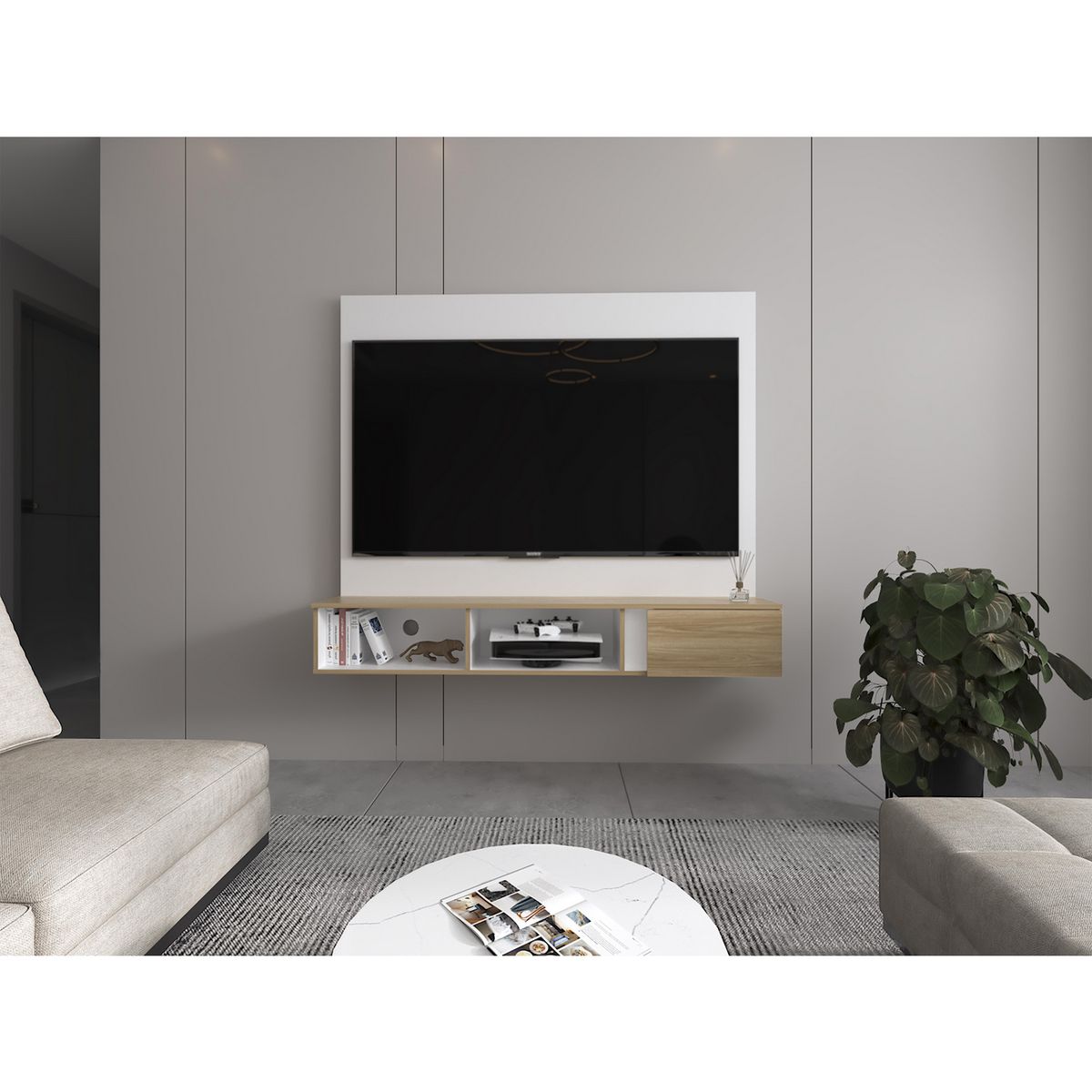 TUHOME - Panel TV 65 " Dassel Blanco / fresno 150x135.5x29.6 cm