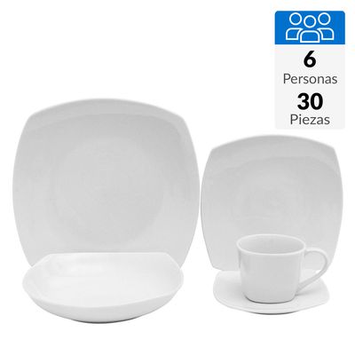 Imagen 2 del producto Juego de Loza 30 Piezas Porcelana Cuadrado Blanco