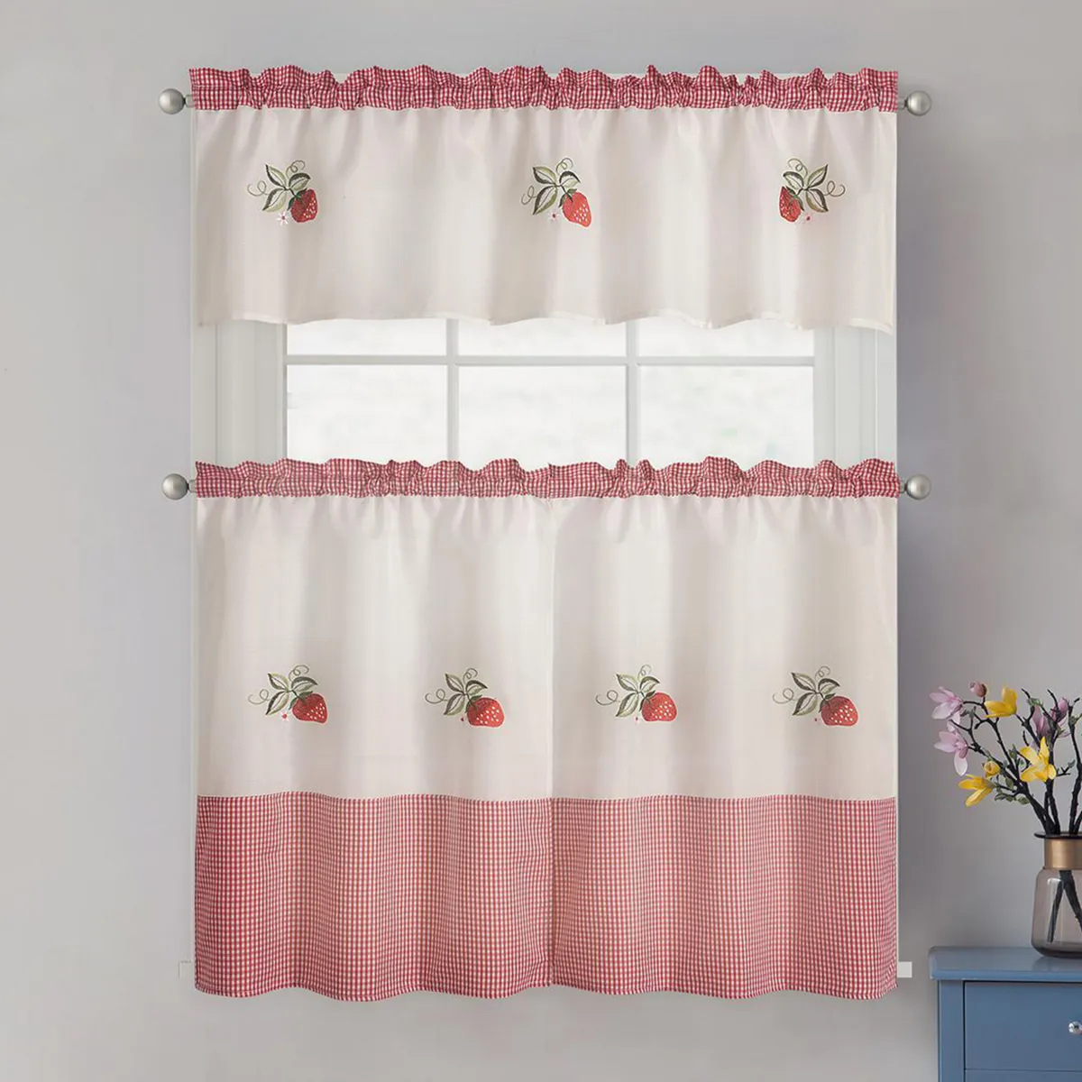 DORAL - Set 3 Cortinas De cocina 148x40 cm Blanco/rojo