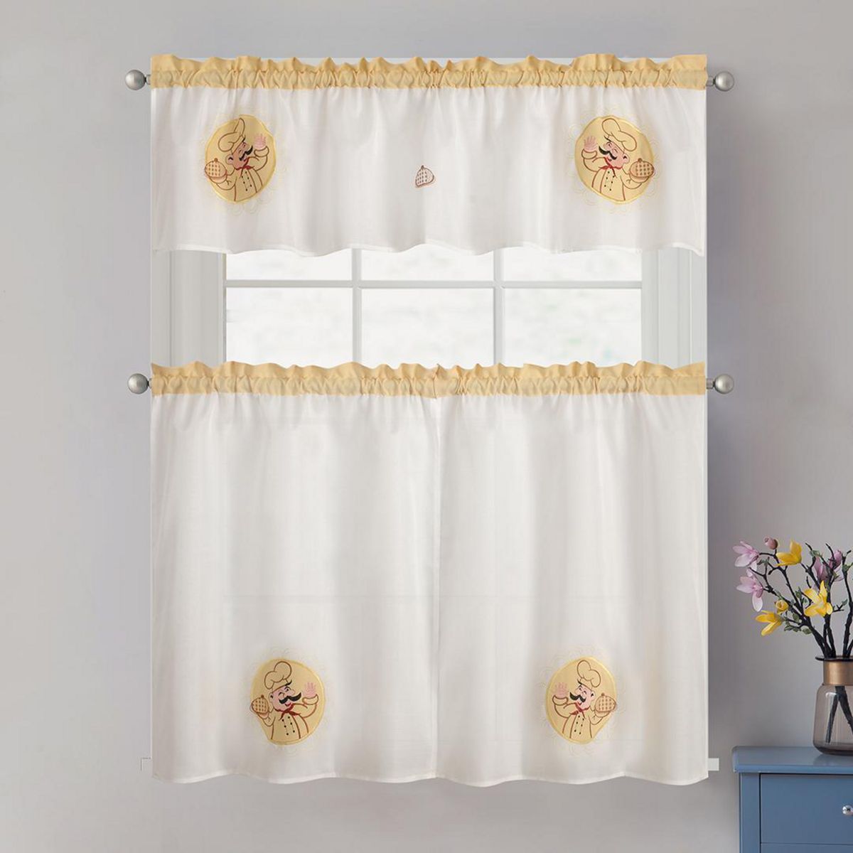 DORAL - Set 3 Cortinas De cocina 148x40 cm Blanco/amarillo