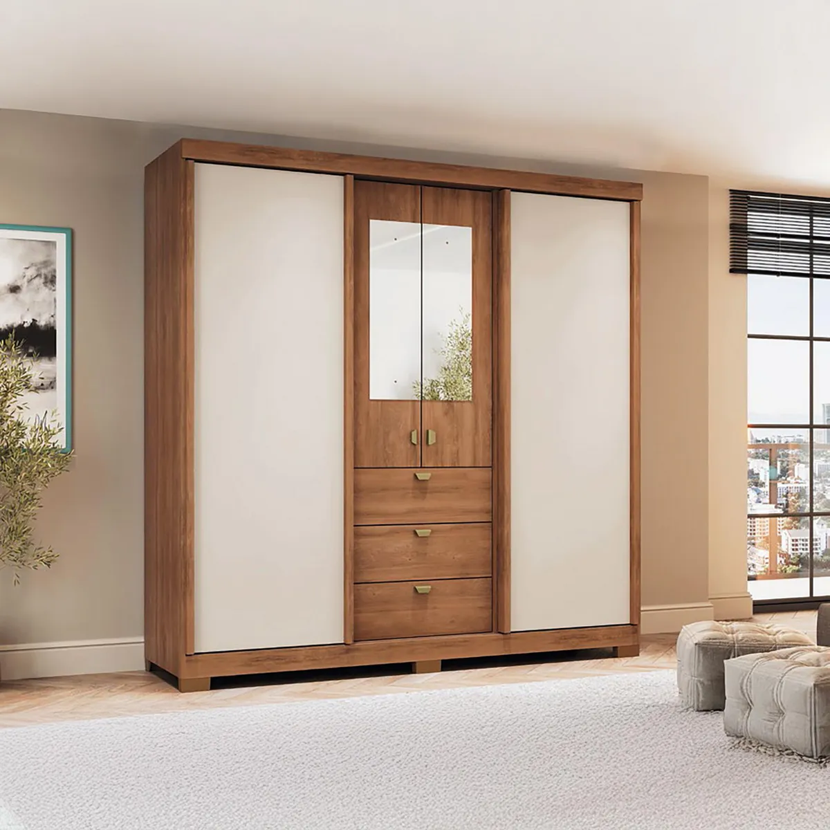 ROCA - Closet 4 Puerta(s) 3 Cajón(es) 5 Repisa(s) 180x200x52 cm Canela- Vainilla