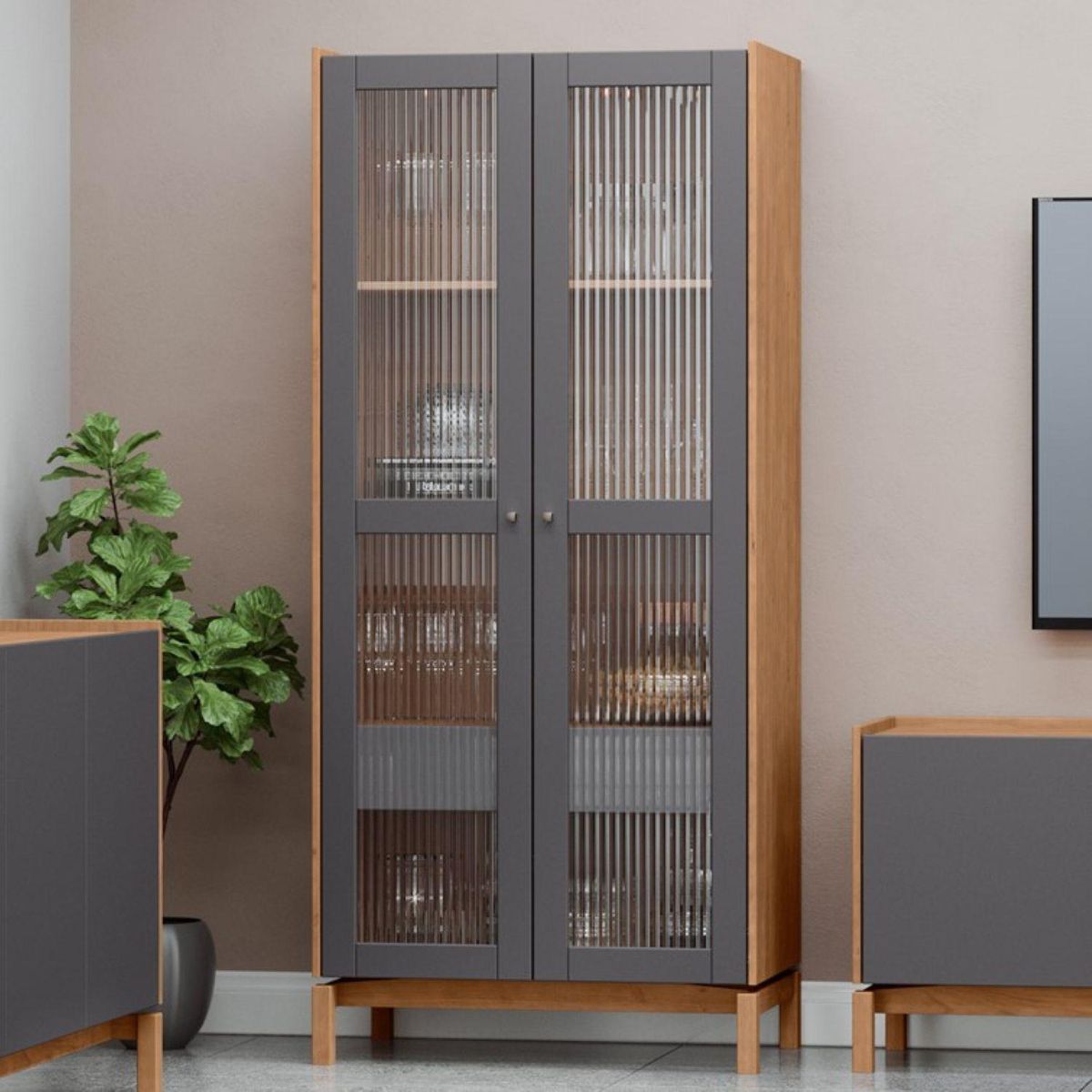 ROCA - Vitrina Barcelona 2 puertas + 1 cajón grafito-roble