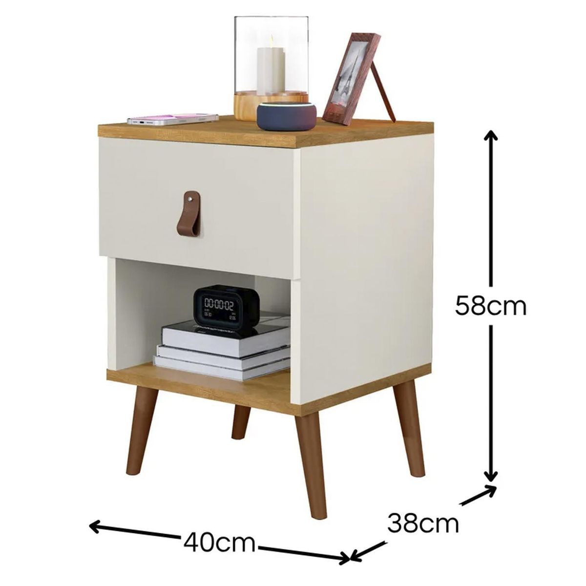 ALTAVISION - Velador 1 Cajón(es) Larissa 40x58x38 cm Blanco - café