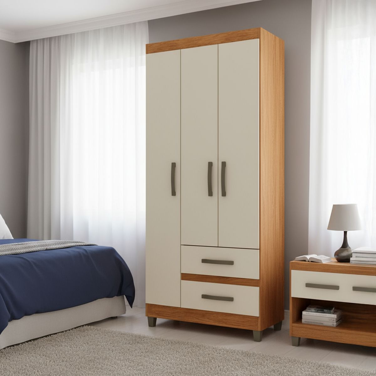 VEKKAHOME - Closet 3 Puerta(s) 2 Cajón(es) 4 Repisa(s) 75x180x40 cm Beige