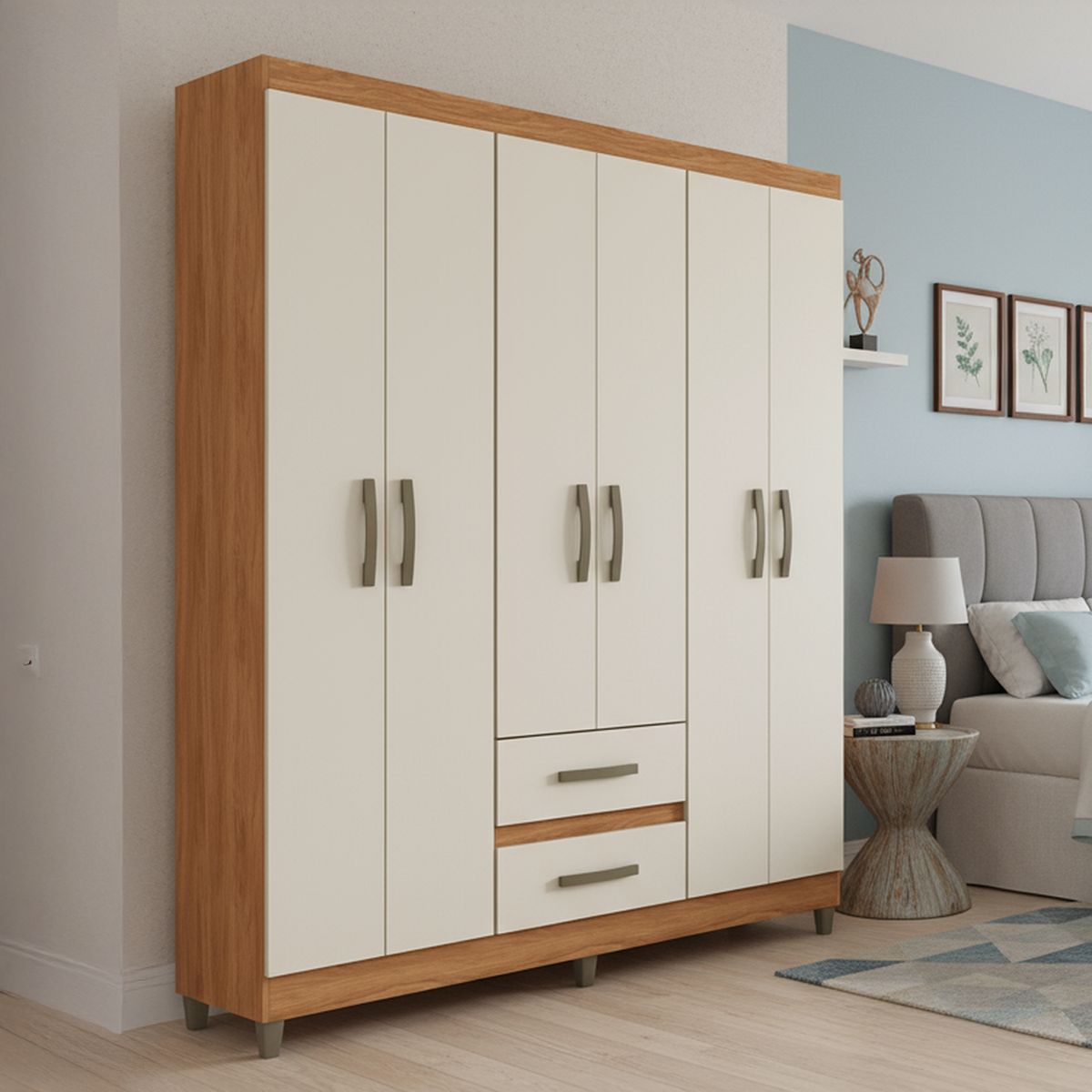 VEKKAHOME - Closet 6 Puerta(s) 2 Cajón(es) 6 Repisa(s) 148x180x40 cm Beige