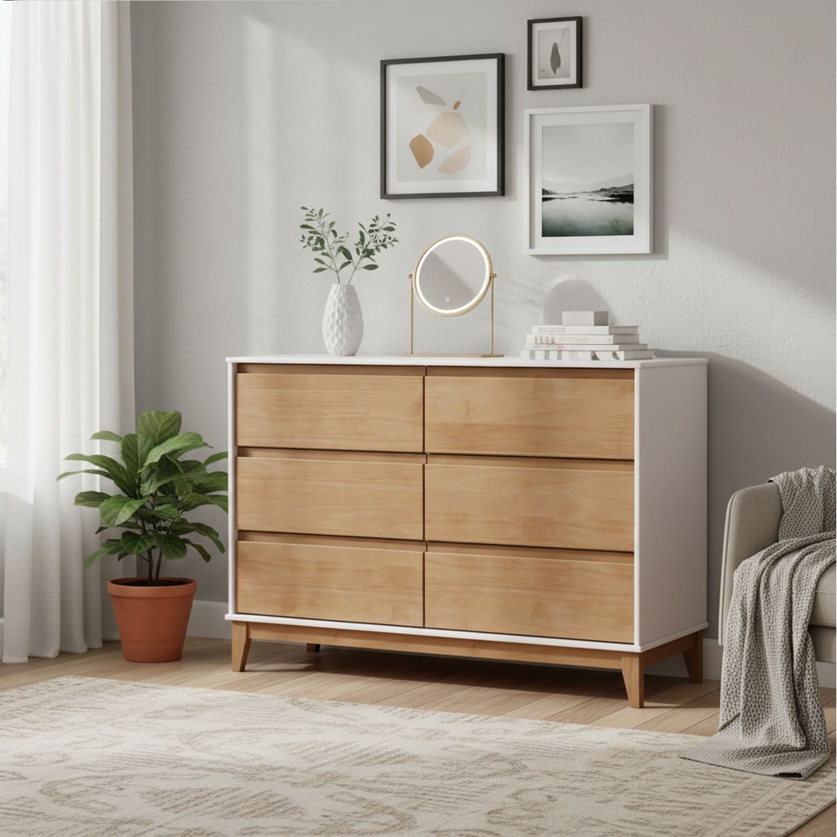 ROCA - Cómoda 6 Cajón(es) Tucumán 125x85x45 cm Blanco- Roble