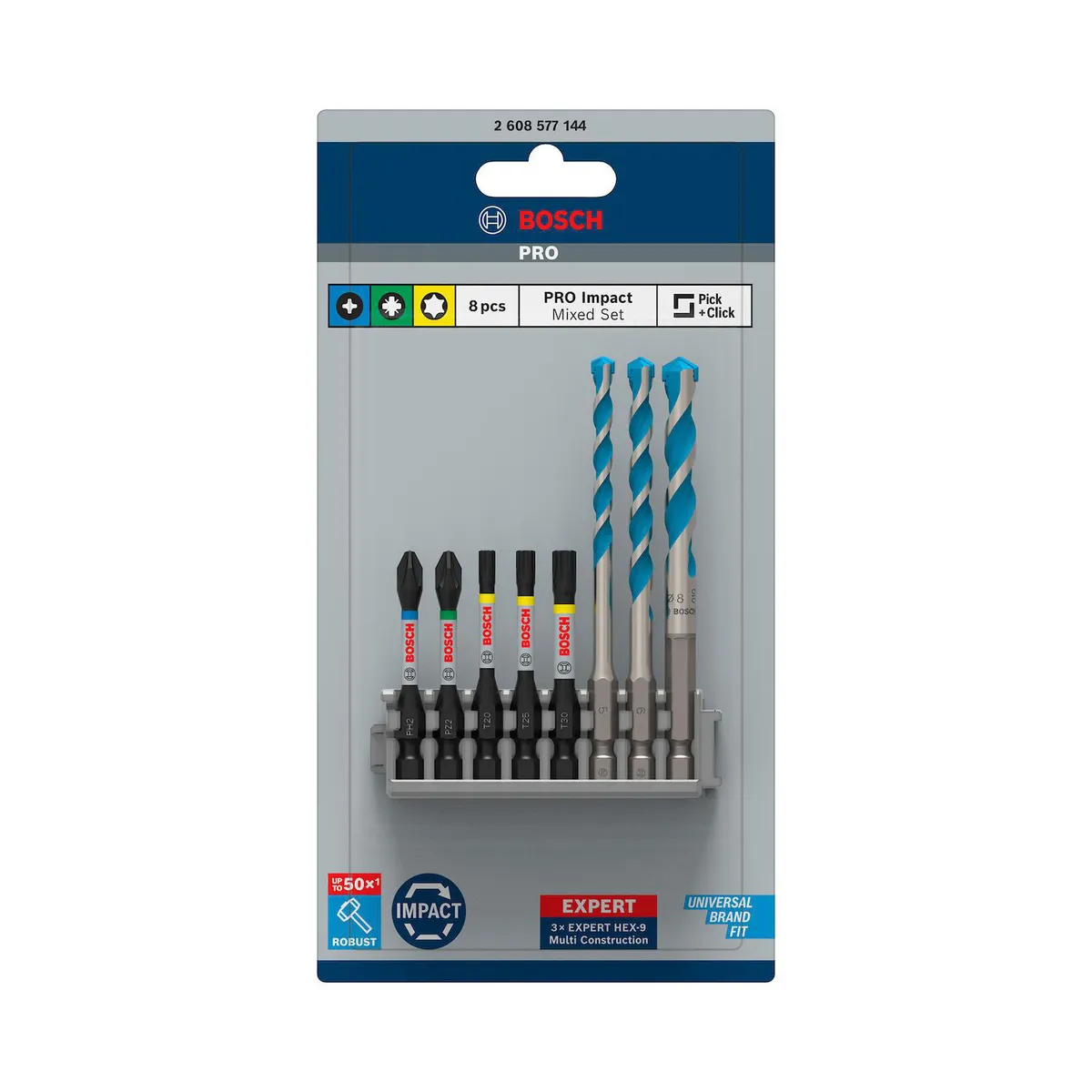 BOSCH - Juego 3 brocas HEX-9 Multiconstruction + 5 puntas PRO impact 55mm