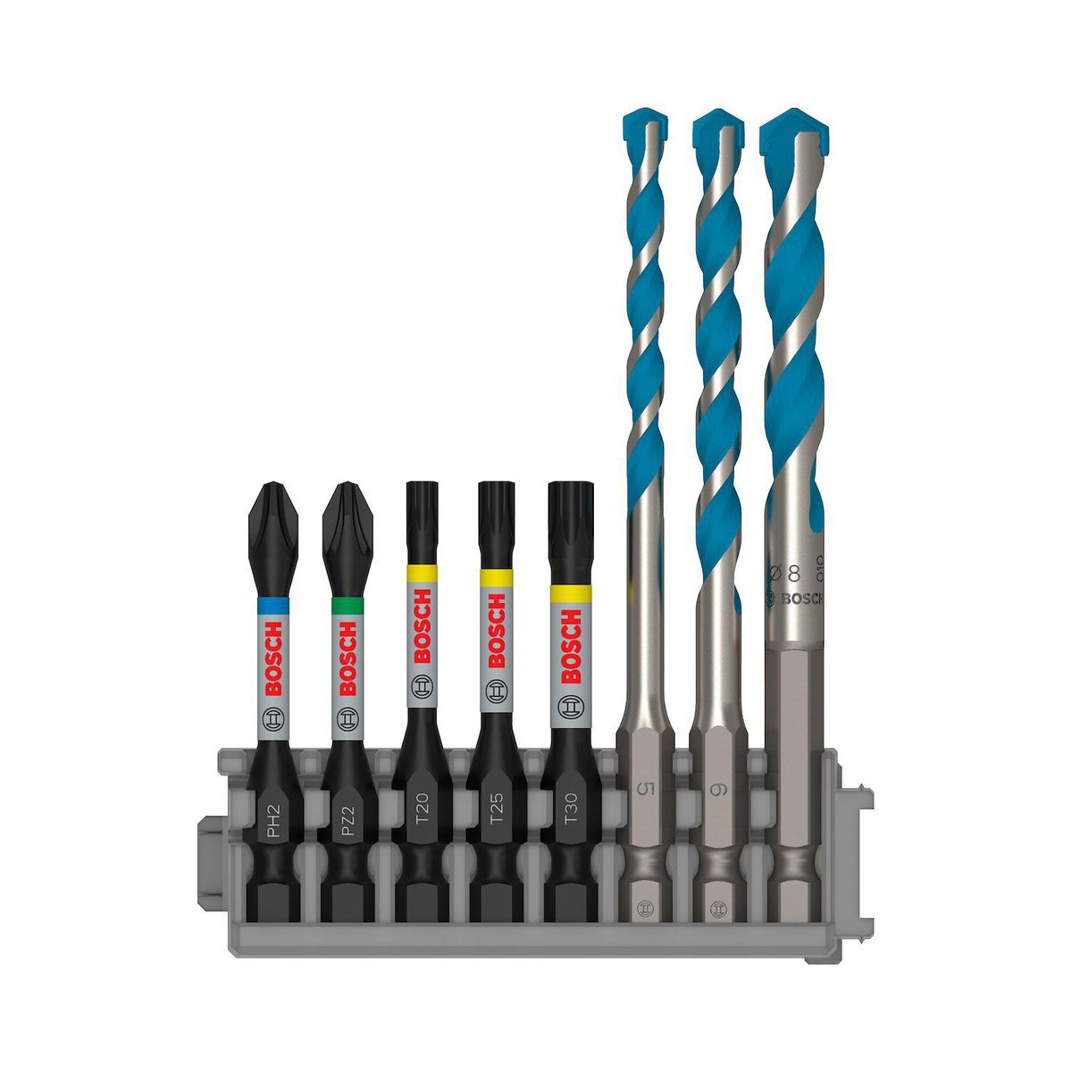 BOSCH - Juego 3 brocas HEX-9 Multiconstruction + 5 puntas PRO impact 55mm