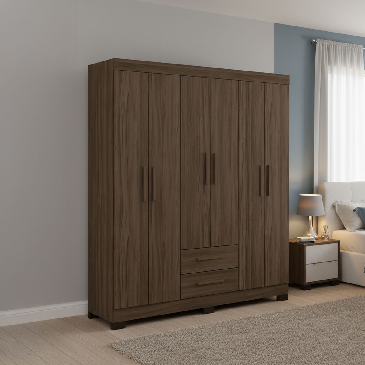 HOME MOBILI - Closet 6 Puerta(s) 2 Cajón(es) 3 Repisa(s) 161x187x44 cm Nogal