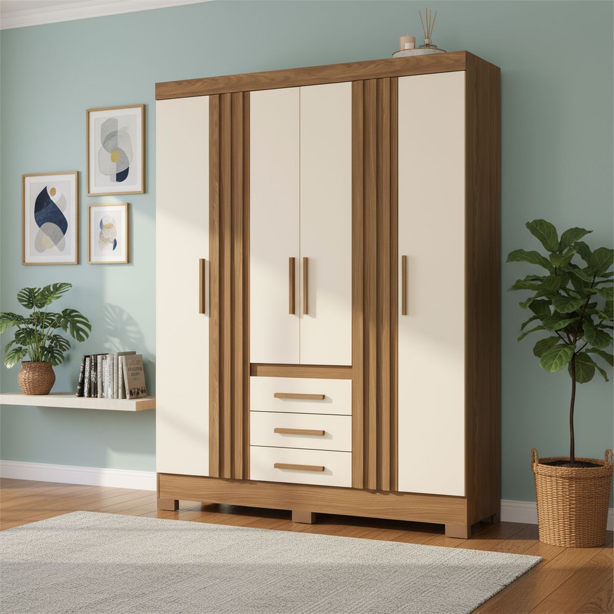 HOME MOBILI - Closet 6 Puerta(s) 3 Cajón(es) 4 Repisa(s) 159x200x45 cm Blanco café