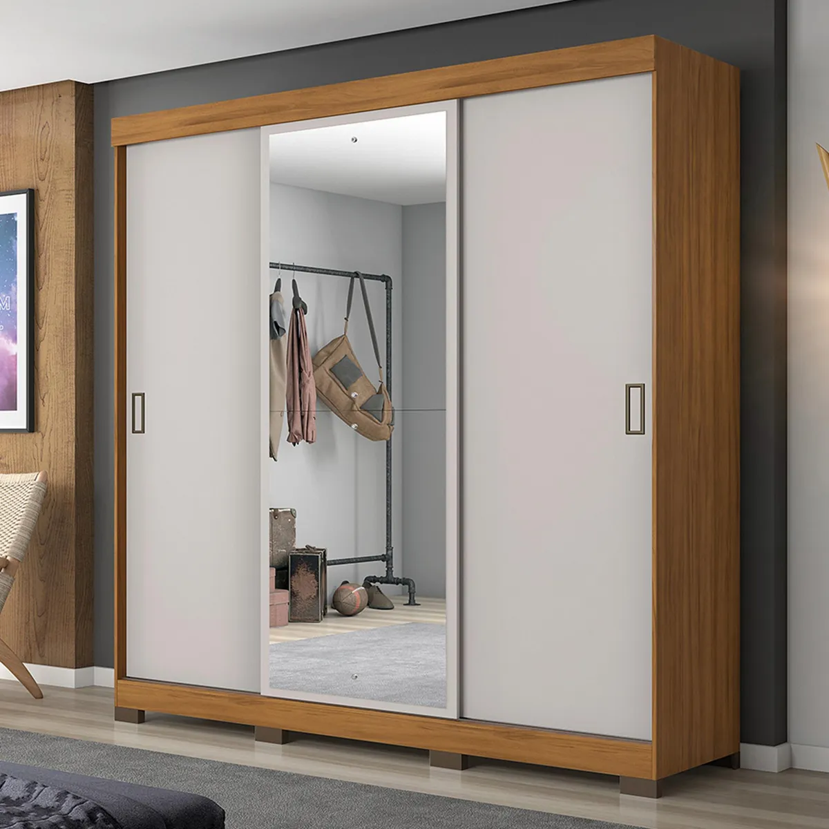 HOME MOBILI - Closet 3 Puerta(s) 4 Cajón(es) 5 Repisa(s) 182x207x55 cm OFF White nogal