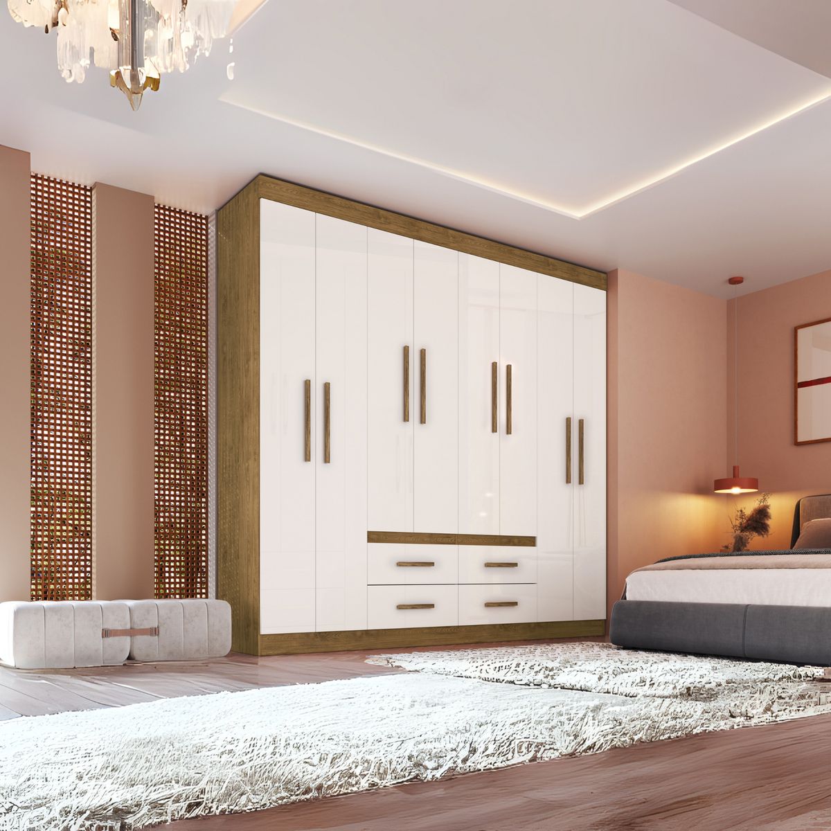 HOME MOBILI - Closet 8 Puerta(s) 4 Cajón(es) 8 Repisa(s) 206x200x45 cm OFF White nogal