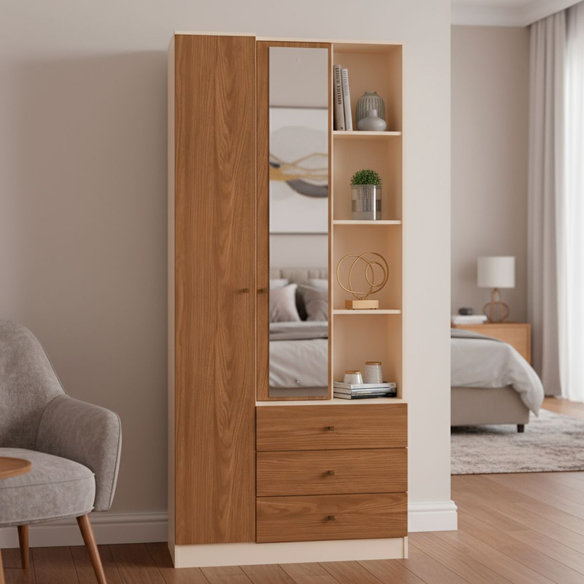 HOME MOBILI - Closet 2 Puerta(s) 3 Cajón(es) 9 Repisa(s) 80x181x40 cm Café com beige