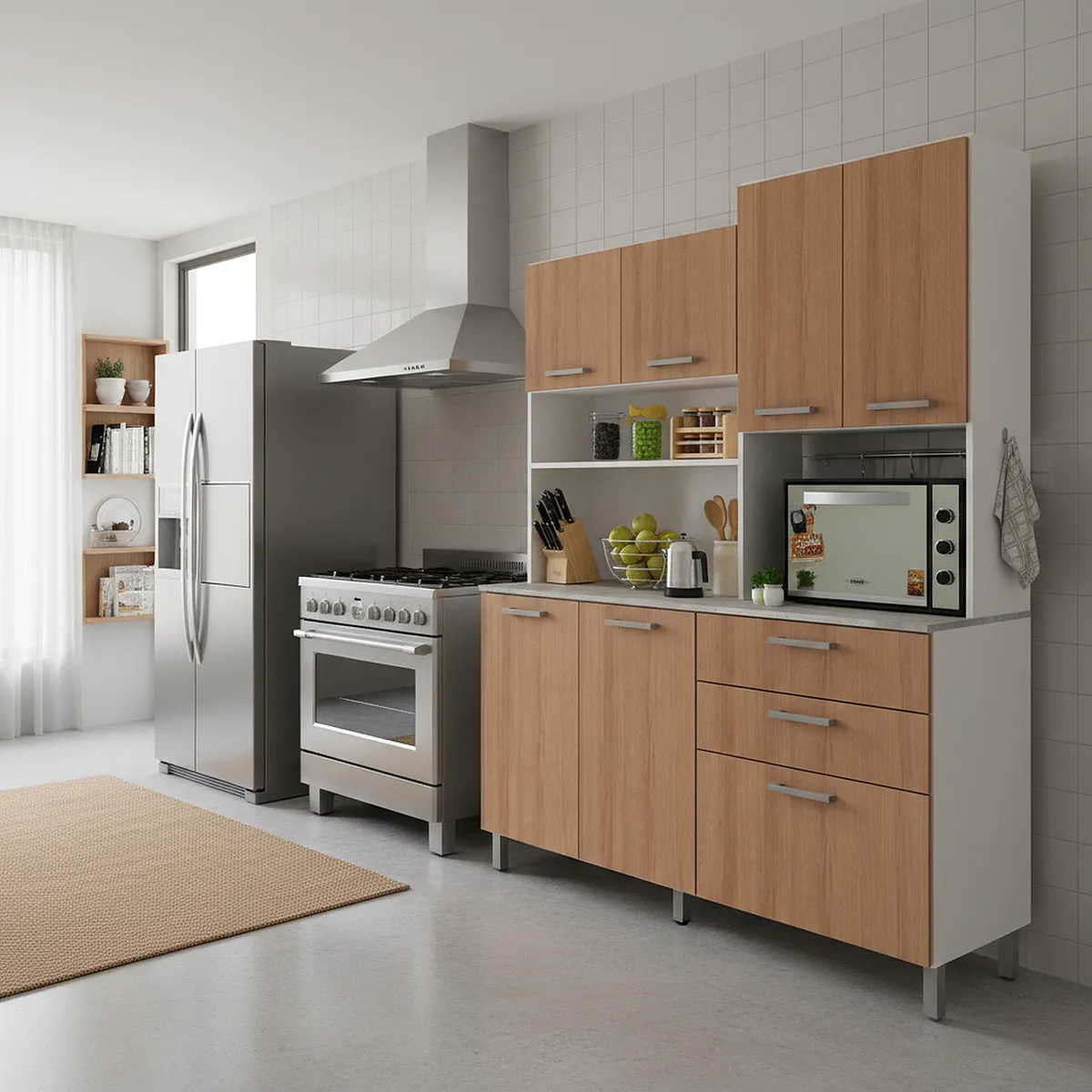 TECNOMOBILI - Kit Mueble de cocina 6 puertas 3 cajones blanco/alm/concreto