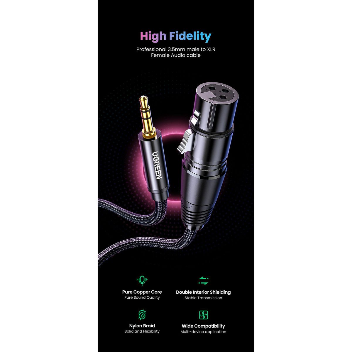 UGREEN - Cable de Audio para Microfono XLR H a Plug 3.5mm M Reforzado 2 Metros AV182