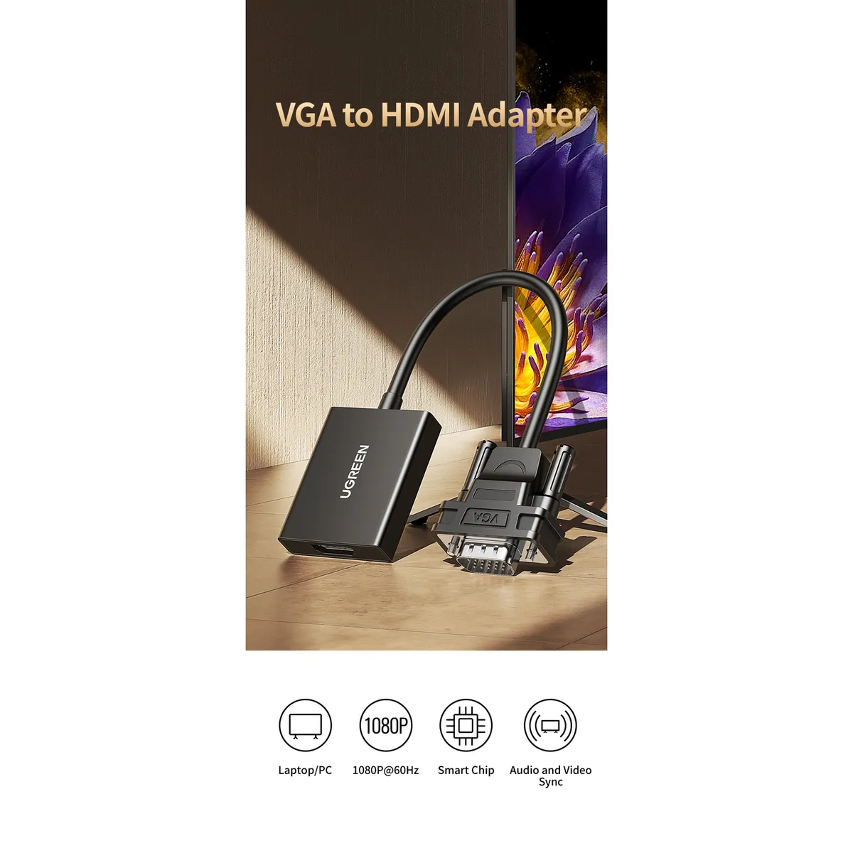 UGREEN - Convertidor VGA a HDMI 1080P 60Hz con Puerto Jack 3.5mm Negro CM513