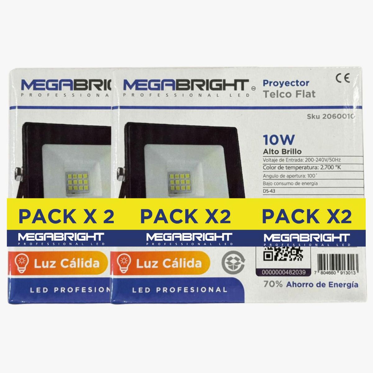 MEGABRIGHT - Pack 2 proyectores Led 10 W IP 65 1000 lm Luz Cálida