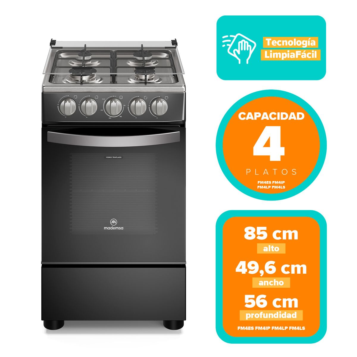 MADEMSA - Cocina a Gas 4 Platos Negra FM4LP