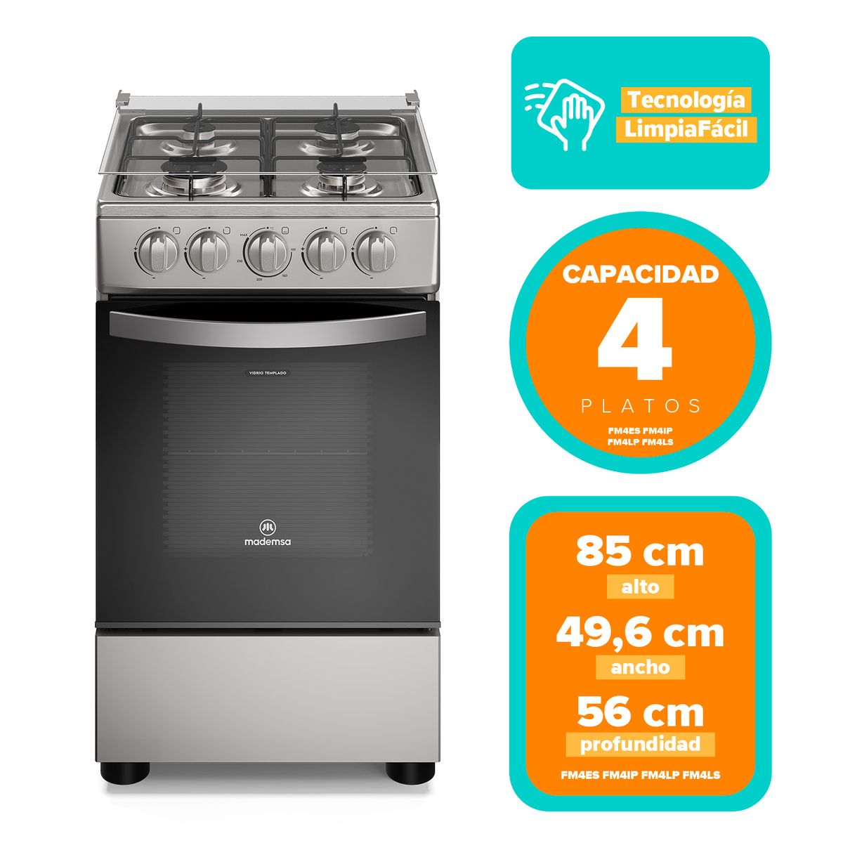 MADEMSA - Cocina a Gas 4 Platos Inox FM4LS