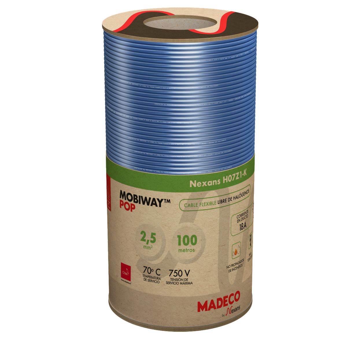 MADECO - Cable Libre de Halogeno + Carrete Mobiway 1x2,5 mm2 Azul 100 metro(s) 