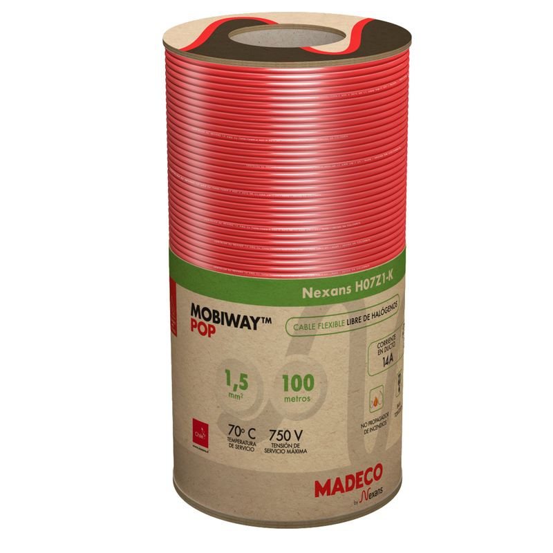 MADECO - Cable Libre de Halogeno + Carrete Mobiway 1x1,5 mm2 Rojo 100 metro(s) 