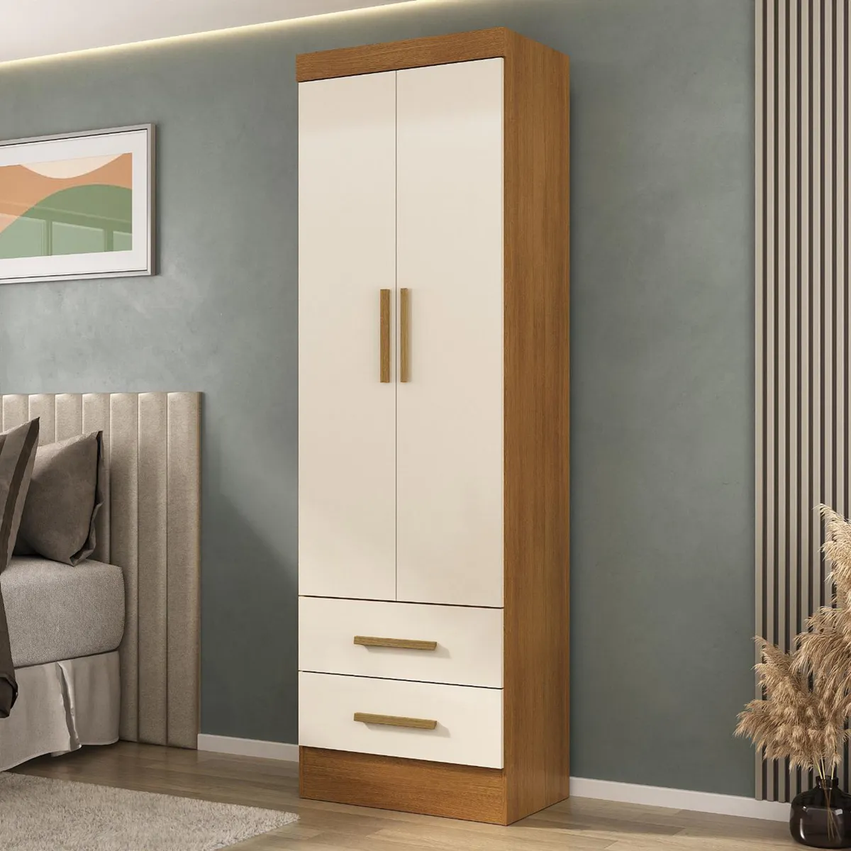 MOBILFRANK - Closet 2 Puerta(s) 2 Cajón(es) 3 Repisa(s) 54.8x194.5x40 cm Canela y Blanco Off White