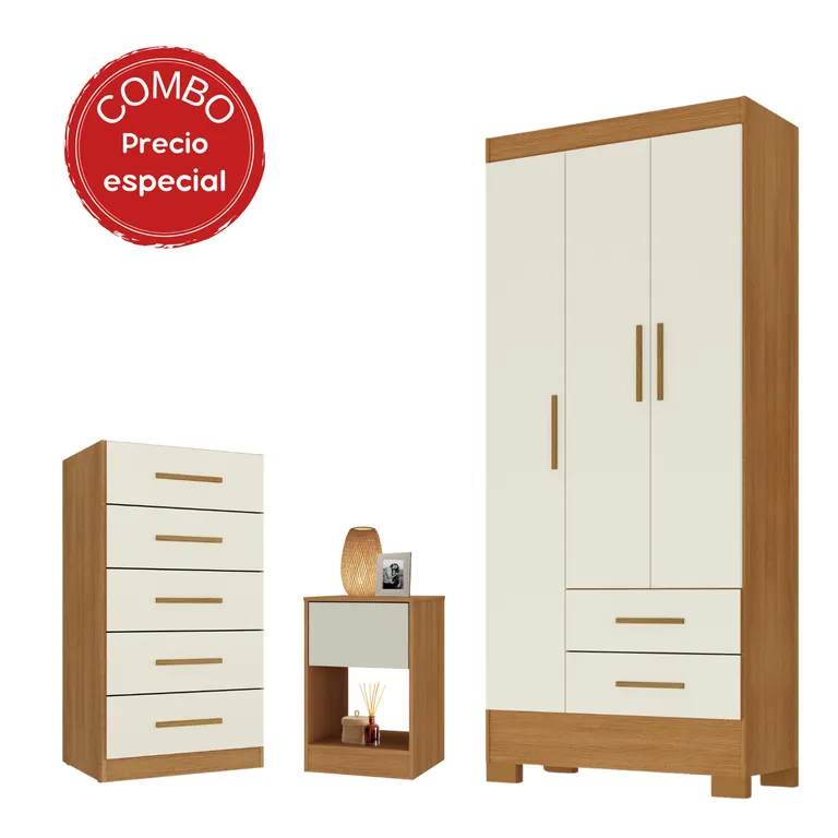 Combo Clóset 3 Puertas + Cómoda 5 Cajones + Velador Canela y Blanco Off White