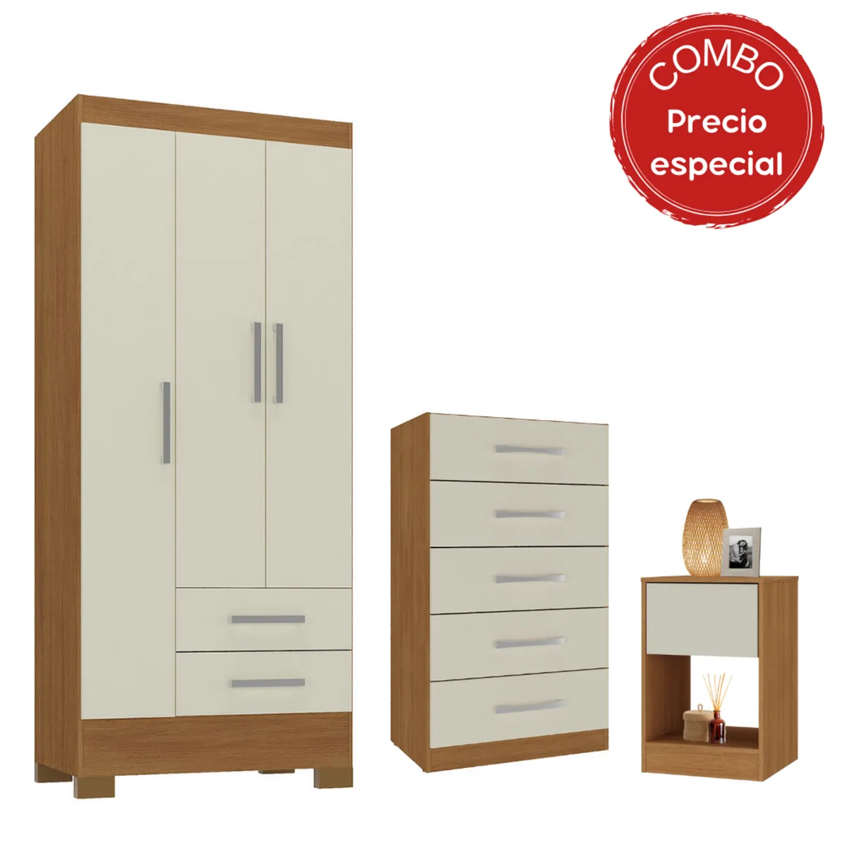 MOBILFRANK - Combo Clóset 3 Puertas + Cómoda 5 Cajones + Velador Canela y Blanco Off White