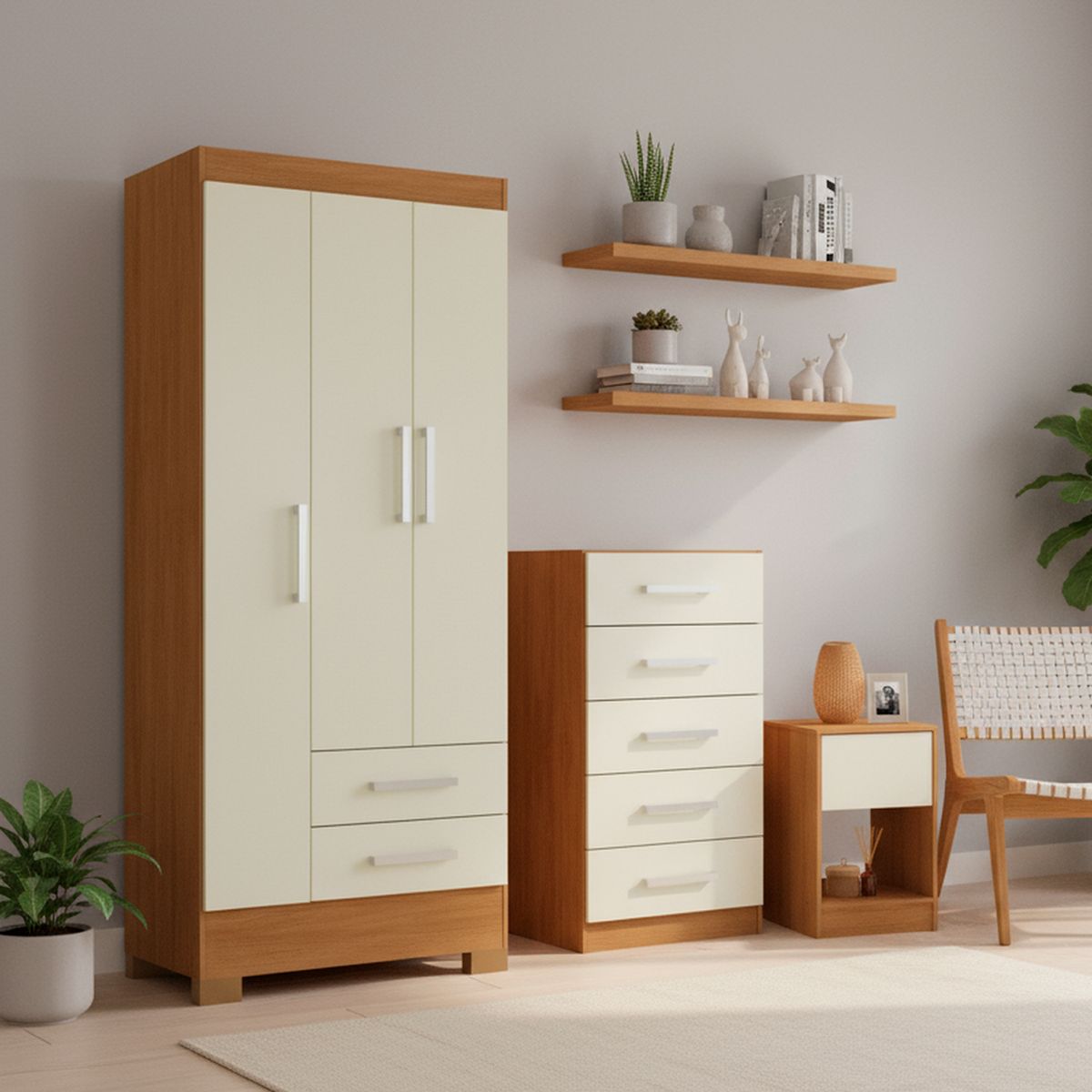 MOBILFRANK - Combo Clóset 3 Puertas + Cómoda 5 Cajones + Velador Canela y Blanco Off White