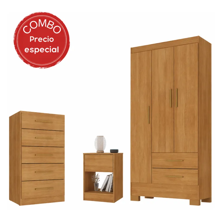 Combo Clóset 3 Puertas + Cómoda 5 Cajones + Velador Canela