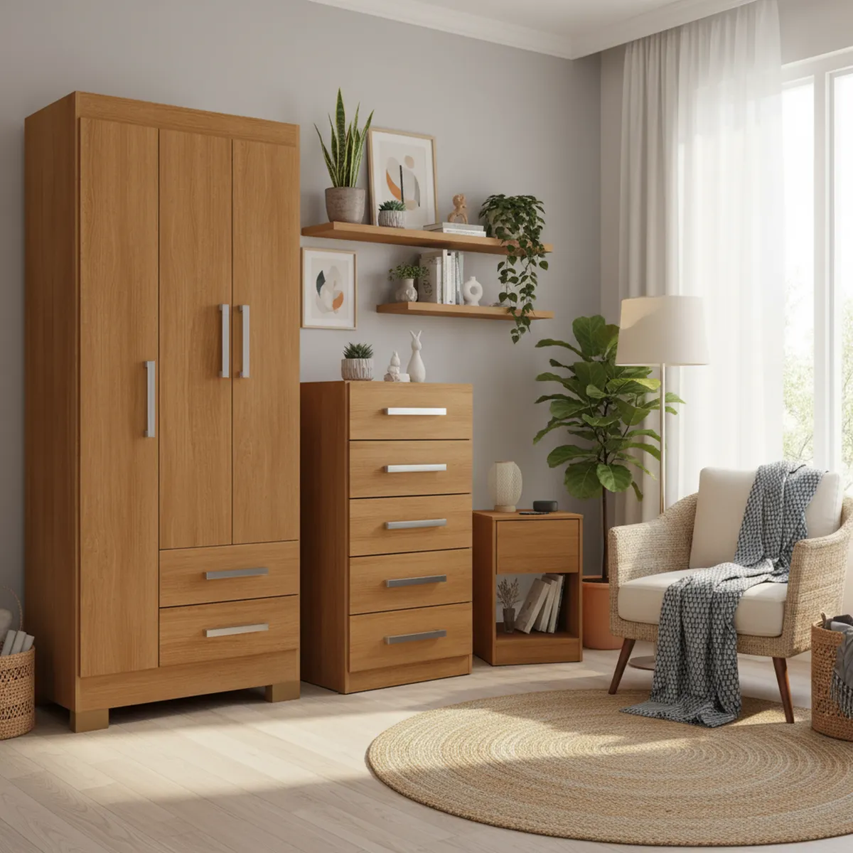 MOBILFRANK - Combo Clóset 3 Puertas + Cómoda 5 Cajones + Velador Canela