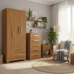 MOBILFRANK - Combo Clóset 3 Puertas + Cómoda 5 Cajones + Velador Canela