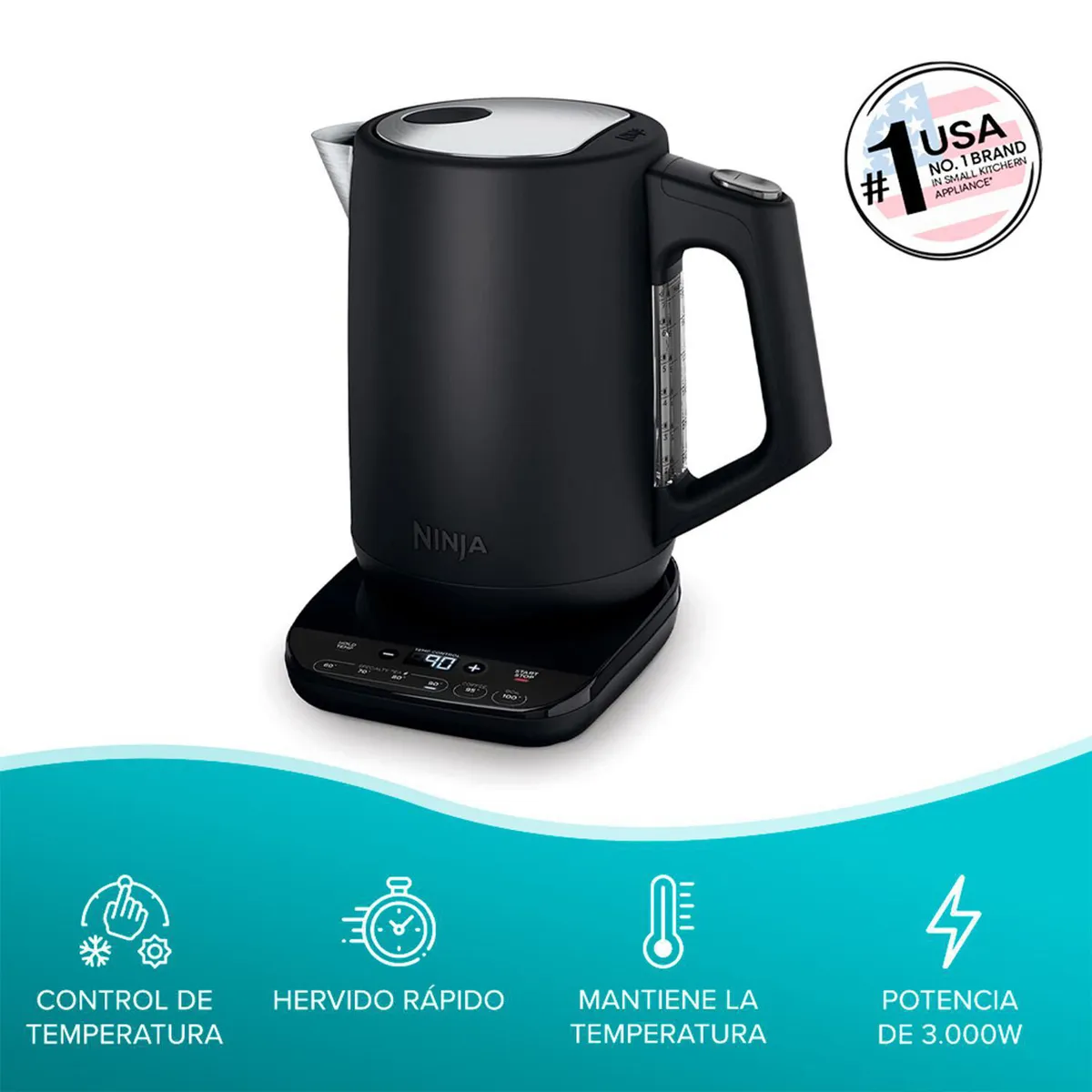 Hervidor con Regulador de Temperatura 1.7 Litros Negro KT200EU, marca NINJA - Foto 2